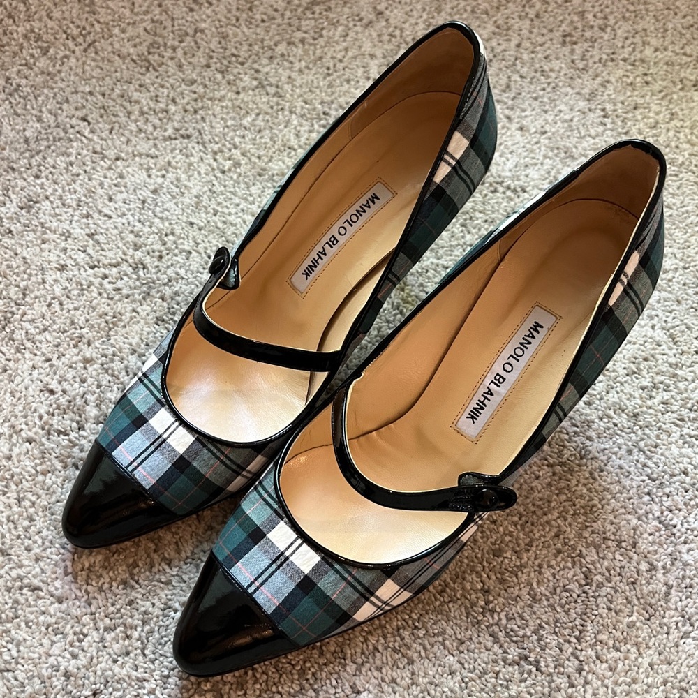 Manolo Blahnik Black and Green Plaid Pointed Mary Jane Pumps